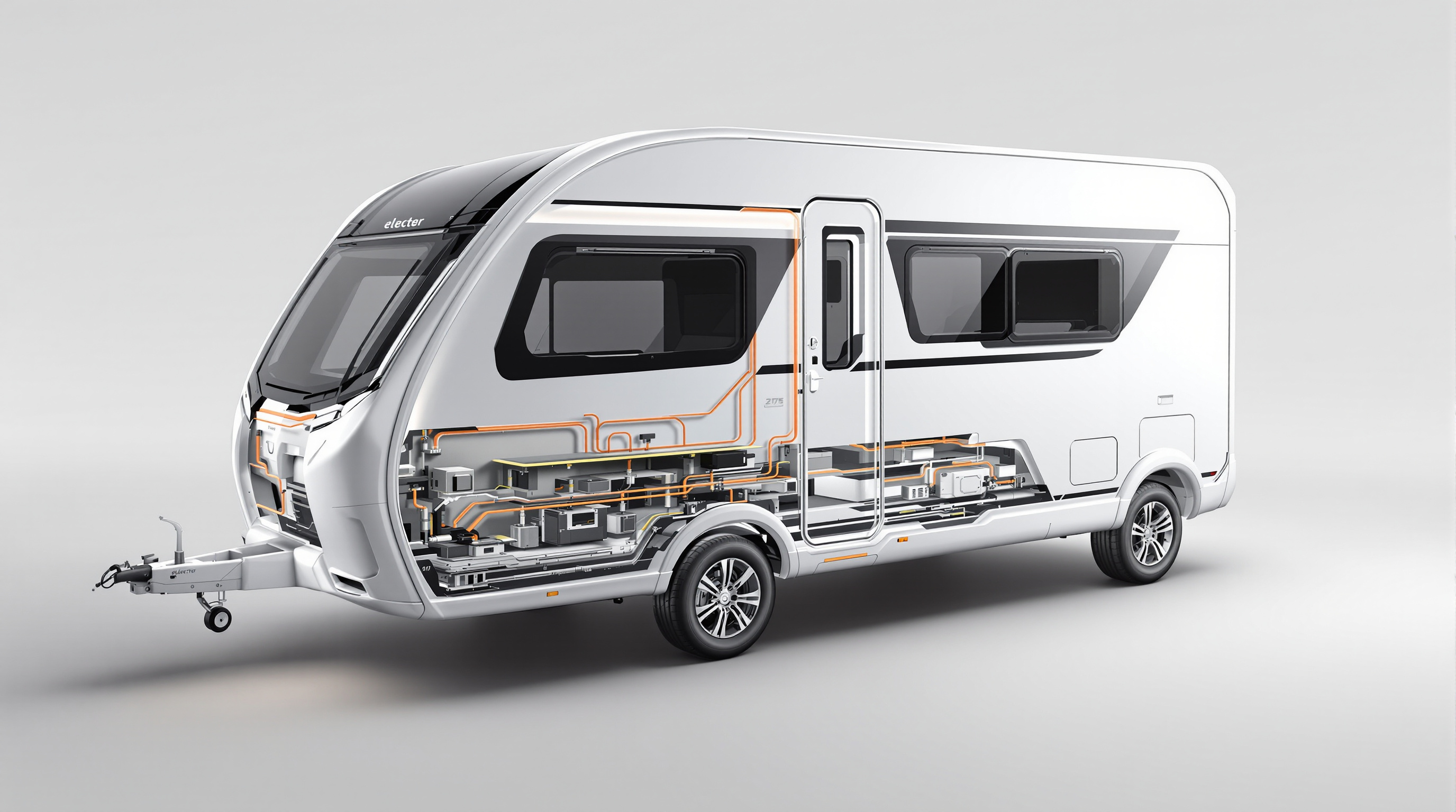 Cutaway of a touring caravan floor, with the battery pack laid into the base.