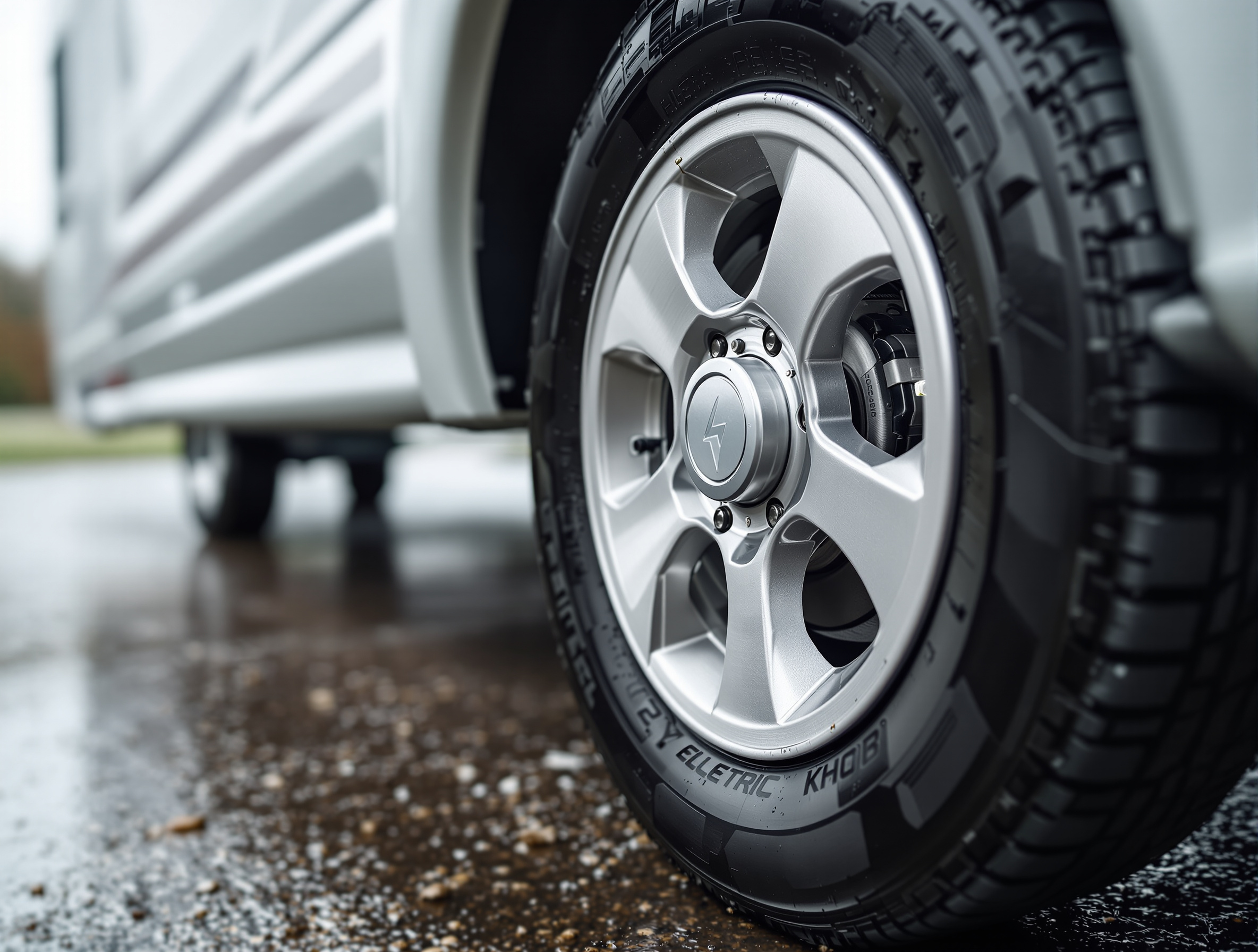 Close view of a caravan wheel with a compact electric hub motor.