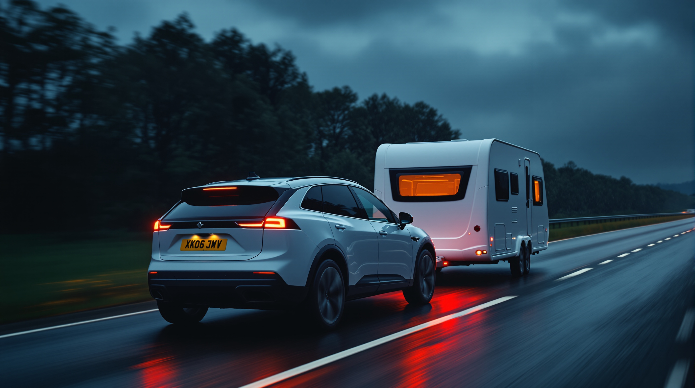 A tow car and caravan travelling in a stable line on a British motorway.