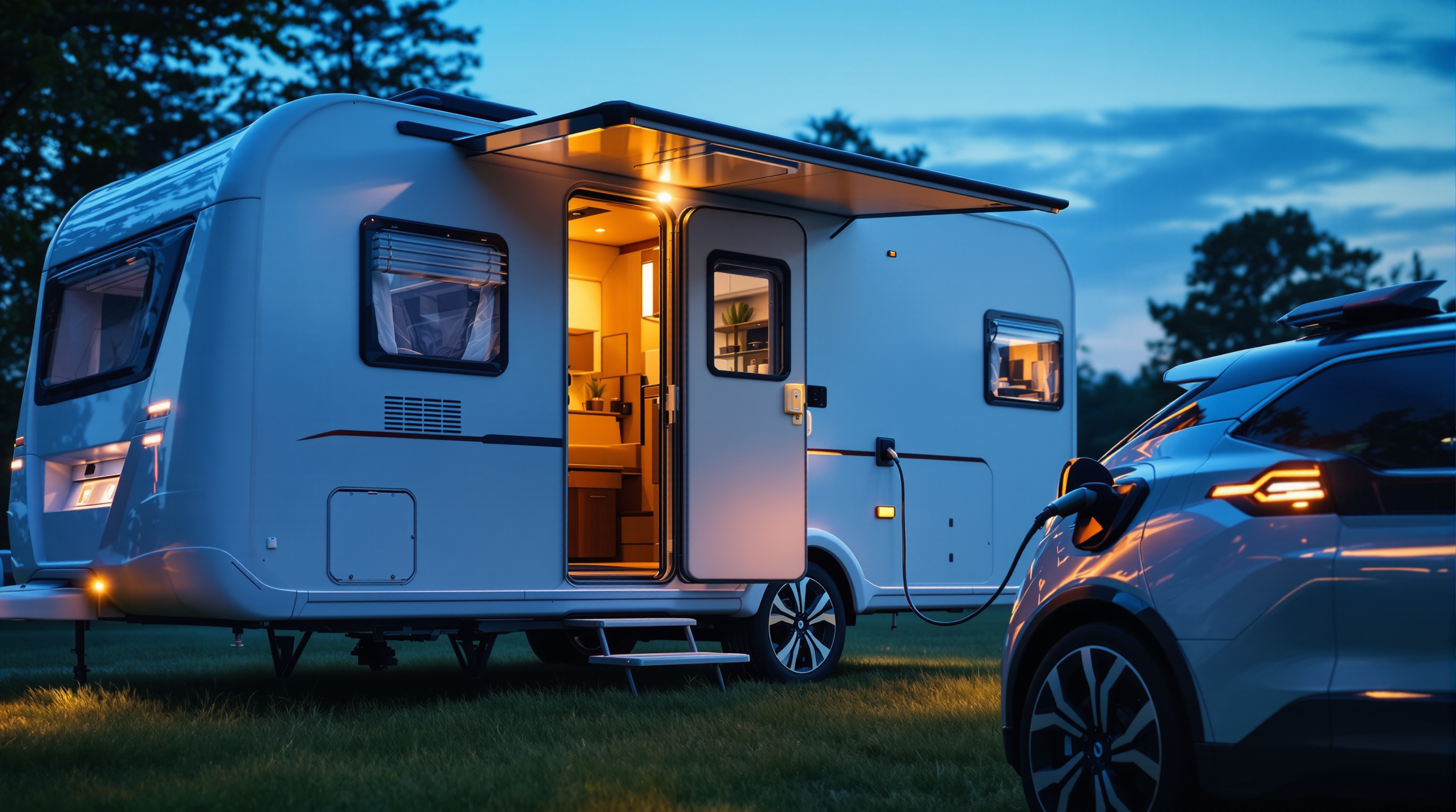 A caravan on a pitch, with the parked tow car taking a Type 2 charge from the van.